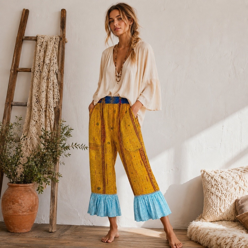 Kantha Patchwork Wide Leg Quilted Bloomer Pants OS Reversible Boho One Of A Kind - Picture 2 of 16